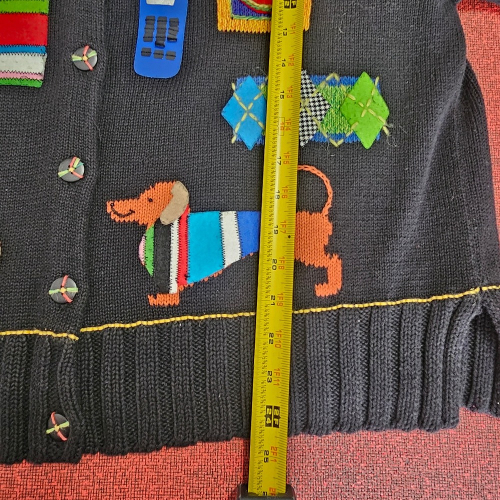 Vintage Susan Bristol Hand Embroidered Dachshund Cardigan XL Black Embellished - Picture 9 of 11